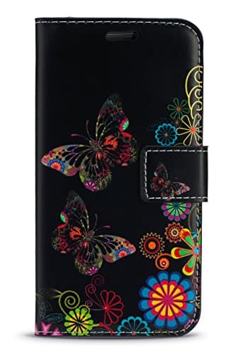 Image of London Gadget Store Case Compatible with Vodafone Smart First 7 - New Bright Printed Wallet Case Cover Creative Fresh Pattern Design with Integrated Stand - Black Butterfly