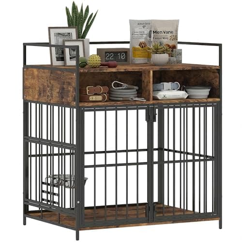 Image of PawHut Dog Crate Furniture, Dog Cage with Rotatable Feeding Station and Storage Shelves, End Side Table Indoor Pet Kennel for Small Medium Breeds, 80 x 60 x 90.5 cm, Rustic Brown