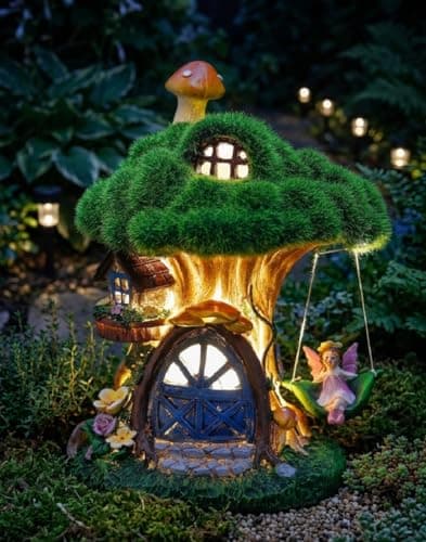Image of TERESA'S COLLECTIONS Garden Ornaments Outdoors, Solar Green Tree House with Swinging Fairy, Waterproof Resin Fairy House Ornaments, Indoor Outdoor 19.5CM