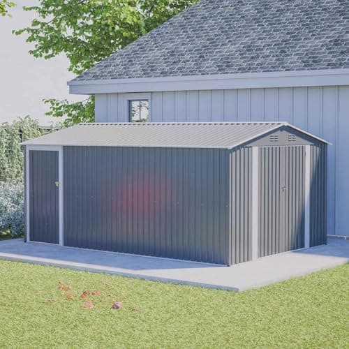 Image of BIRCHTREE 10x14 FT Metal Garden Shed, Large Outdoor Storage Shed with Lockable Double Doors, Heavy-Duty Steel Tool & Bike Storage Shed for Backyard, Patio, Lawn & Garden, Grey