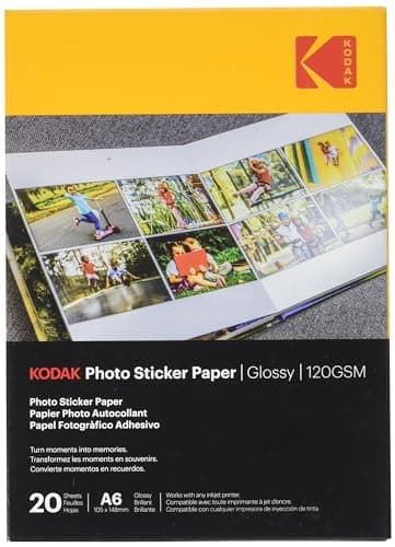 Image of KODAK Photo Sticker Paper - Photo Sticker Paper, Glossy Finish, Pack of 20 Sheets, A6 Size (10x15 cm), 120 gsm, Compatible with Inkjet Printers