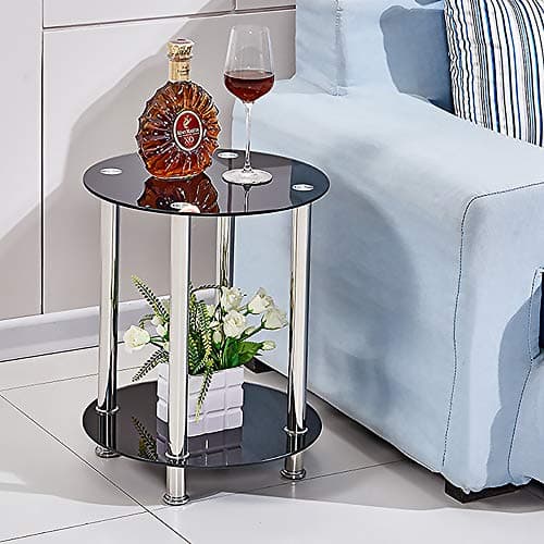 Image of BonChoice 2-Tier Round End Table Black Glass Side Coffee Tables with Stainless Steel Legs, Storage Shelf for Living Room, Display Table for Small Space, 40×40×50cm (Black)