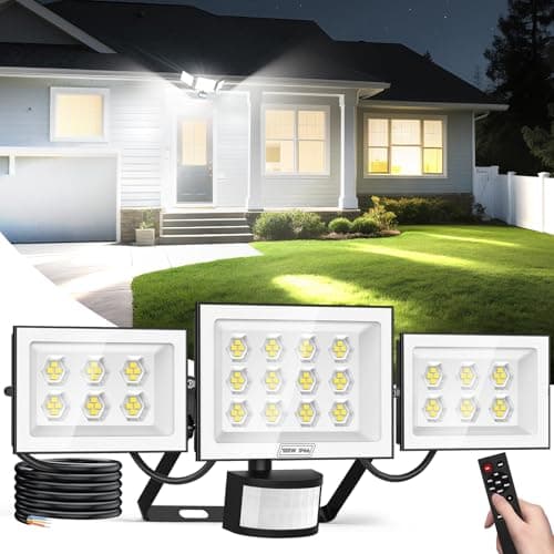 Image of Viugreum Security Lights 100W 10000LM, Led Floodlight with PIR Motion Sensor & Remote Control, IP65 Waterproof 6500K Outdoor Sensor Light, 3 Heads Adjustable for Yard, Court, Street, Parking Lot
