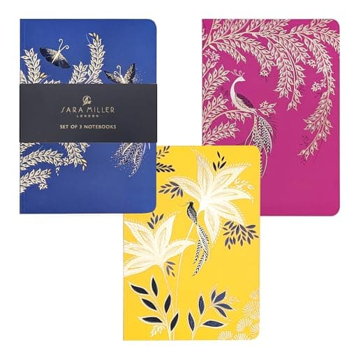 Image of Portico Designs Ltd Sara Miller London Anniversary Collection Set of 3 Notebooks, B6 Size, Botanical Design with Peacock and Butterfly Motifs, 32 Sheets per Notebook