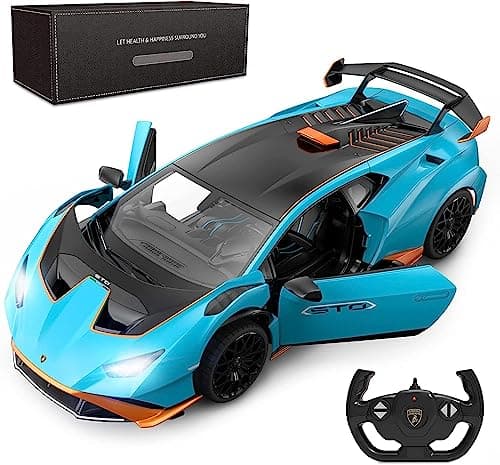 Image of Blue Lamborghini Huracán STO RC Car: 1:14 Scale High-Performance Remote Control Toy Vehicle. Ideal for Racing Enthusiasts, kids
