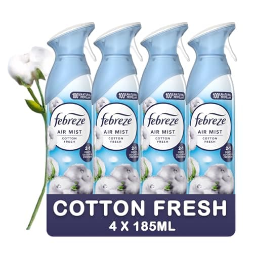 Image of Febreze Air Freshener for Room Spray & Bathroom, COTTON FRESH, 185ML x 4 Packs, Air Mist Fresheners for Home