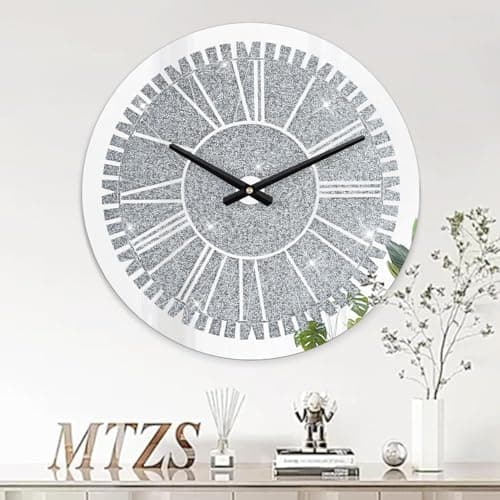 Image of JAYOGLA Loose Diamante Wall Clock Elegant Luxury Diamond Crystal Mirror Crushed Jewel Roman Wall Clock For Home Office Living Room Bedroom Decoration-40X40cm silver