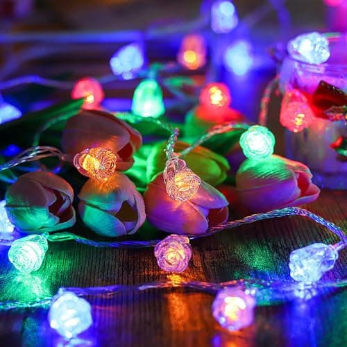 Image of PORUPAEL LED Rose Flower String Lights Battery Operated, 3m 20 LED Crystal Rose Fairy Starry Lights for Wedding Home Party Birthday Festival Indoor Outdoor Decorations (Colorful)