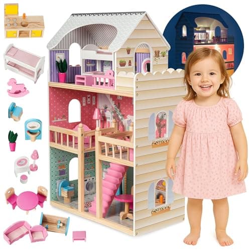 Image of Mamabrum Dolls House with Furniture Set – Large 3-Story Wooden Doll House with LED Lights – Fully Furnished Dollhouse for Girls – Pretend Play Set for Kids 3+