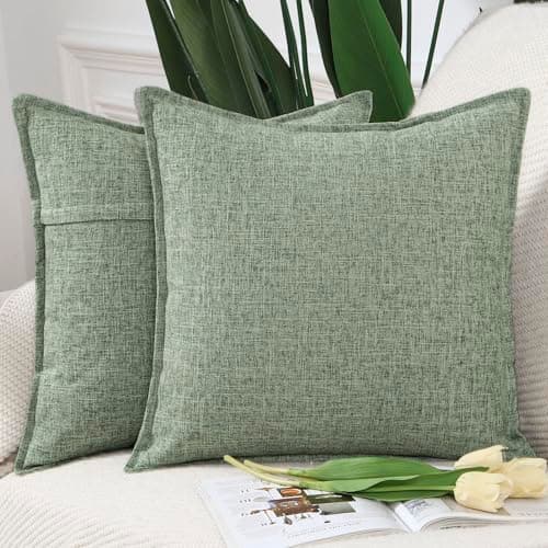 Image of Madizz Set of 2 Faux Linen Cushion Covers 16x16 inch, 40x40 cm, Greyish Green Soft Decorative Couch Pillows for Bed Pillowcases for Sofa Livingroom Home Decor