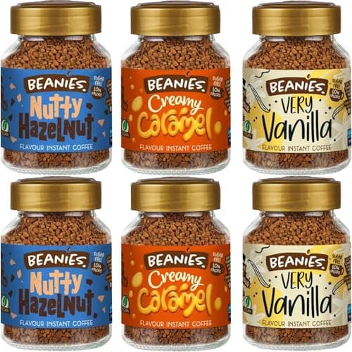 Image of Beanies Flavoured Instant Coffee Variety Pack - 6 x 50g jars - Creamy Caramel, Nutty Hazelnut and Very Vanilla