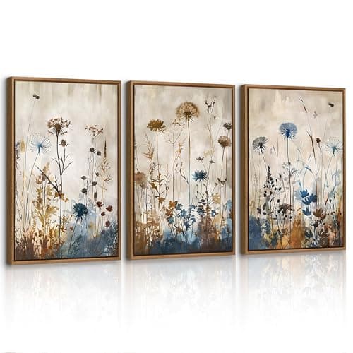 Image of 3 Pcs Minimalist Plants Dandelion Framed Canvas Wall Art Set, Blue Brown Flowers Botanical Wall Decor Nordic Rustic Style Wall Painting Art Prints Pictures for Living Room Bedroom Office 30X40cmX3
