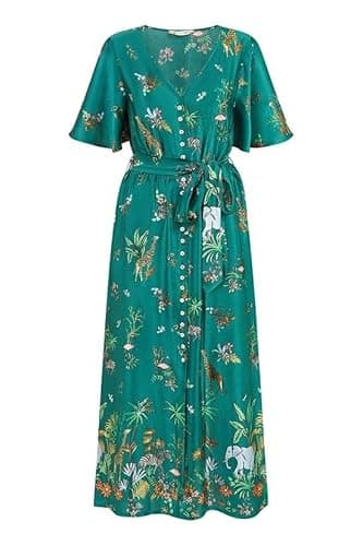 Image of Yumi Green Safari Print Midi Shirt Dress, Satin, Kimono Sleeves, Button Down (UK, Numeric, 14, Regular, Regular, Green)