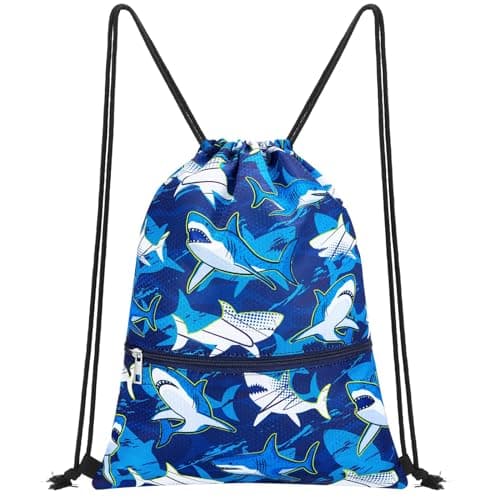 Image of WAWSAM Shark Drawstring Bag for Kids - Gym DrawString Bag for kids Swim Bags Boys Sports Draw String Bag Waterproof Beach Sport Gym String Bags with Zipper Pocket Cinch Backpack for Boys