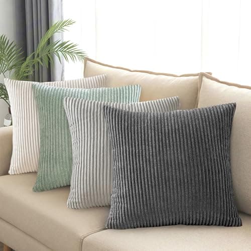 Image of AMFUN Set of 4 Corduroy Cushion Covers 40cm x 40cm,Soft Striped Square Pillow Case,Cushion Case with Invisible Zipper,Home Boho Decor Pillow Cases for Couch Sofa Bedroom,Living Room
