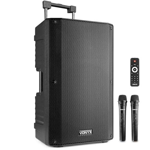 Image of VONYX VSA700 15" Portable PA Active Speaker System Complete Set, Big Bluetooth Speaker with Battery, Including 2 Wireless Microphones, Powered PA, Rechargeable Battery and Bluetooth - 1000W