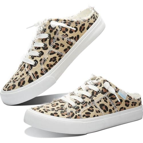 Image of Obtaom Women Canvas Mules Memory Foam Clipper Fashion Sneakers Comfortable Slip-On Mule Backless Holiday Shoes, Leopard Print, 4.5 UK