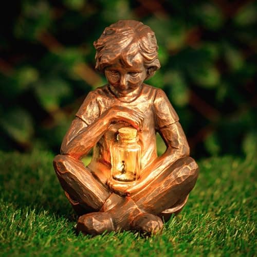 Image of Garden Mile Solar Boy Statue Firefly Jar with Solar Powered Light Lantern Bronze Effect Resin Garden Ornaments Weatherproof Durable Patio Lawn Home Garden Statues Balcony Decor