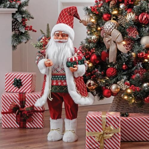 Image of KWARE Traditional Christmas Santa Claus Standing Decoration, 87cm Tall, Red and White Festive Outfit with Nordic Sweater
