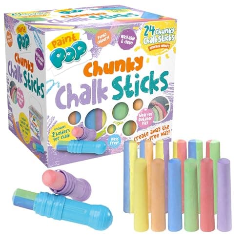 Image of Paint Pop - Chunky Chalk Sticks For Kids - 24 Assorted Colours Tub - Ideal for Outdoor Play & Creative Fun - Multiple Surface, Washable & Clean - Includes Storage Tub and 2 Chalk Holders, 3+ Years