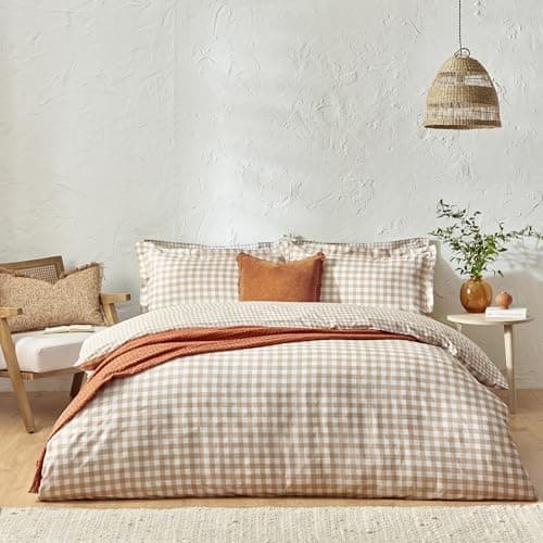 Image of Yard Barton Gingham Check Duvet Cover Set – 100% Cotton Reversible Oxford Pillowcases Soft & Breathable Premium Bedding (Biscuit – Double)
