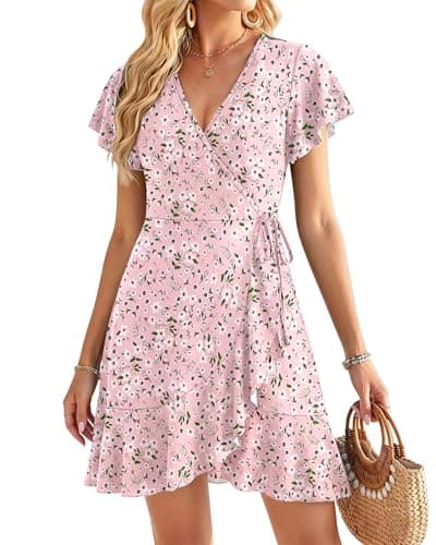 Image of WNEEDU Women Summer Dresses V Neck Empire Waist Beach Dress Ruffle Sleeve Wrap Sundress with Pockets Pink Floral 2XL