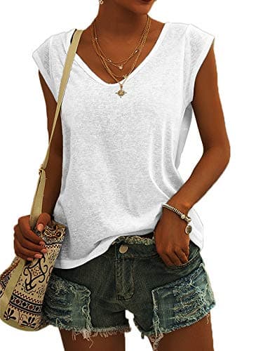 Image of GeGekoko Womens Cap Sleeve Blouses T-Shirt Casual Loose Fit Basic Shirts Tank Tops White