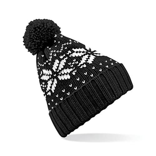 Image of Unisex Beechfield Fair Isle Knit Snowstar Beanie Bobble Hat Black/White One Size