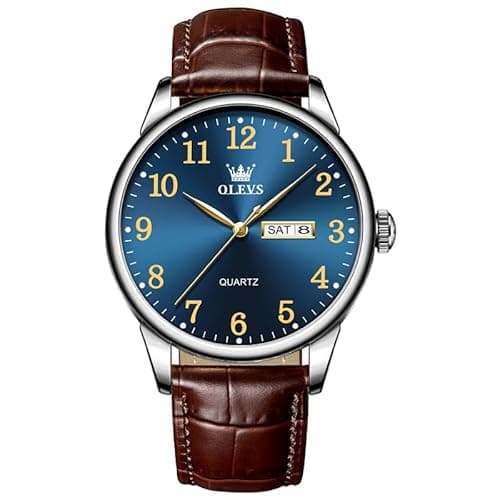 Image of OLEVS Men Watches Big Blue Face Arabic Numerals Analog Quartz Men's Wrist Watch Brown Leather Strap Classic Gent Watch Casual Quartz Waterproof Luminous with Day Date Watches for Mens