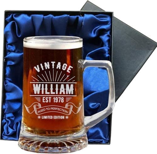 Image of EIO Gifts Personalised Vintage Design Heavy Base Pint Glass with Presentation Box | Gift for Beer Lovers | Drinking Gift for Birthdays or Special Celebrations | 570ml