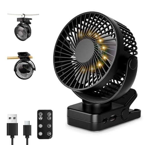 Image of Wudyfei 12000mAh Portable Clip on Fan, 5.5" Rechargeable Battery Fan with Remote & Timer, Silent USB Desk Fan Small, 3 Speeds & Light, 360° Rotation, Ideal for Outdoor, Camping, Stroller, Home, Office