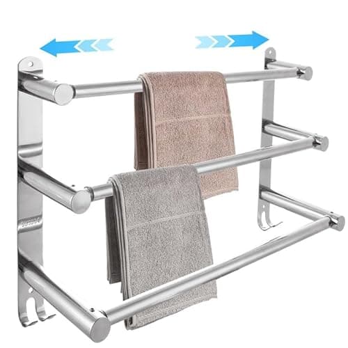 Image of GBACHOOSE Adjustable Towel Rail, 3-Tier Towel Rack Wall Mounted, SUS 304 Stainless Steel Towel Shelves with Hooks, Wall Mounted Towel Holder for Kitchen Bathroom(43-75cm)