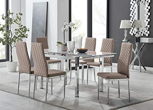 Image of Furniturebox UK Enna White Tinted Glass Extending Dining Table and 6 Cappuccino-Coloured Diamond Quilted Chrome Metal Leg Milan Chairs Modern Dining Set