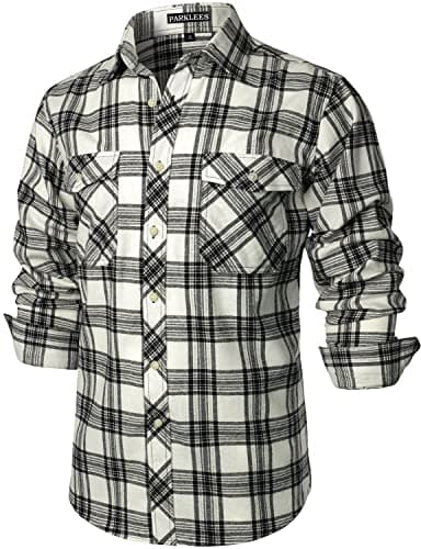 Image of PARKLEES Men's Casual Regular Fit Button Up Flannel Checked Plaid Shirts with Pockets PZLCL41 Beige L