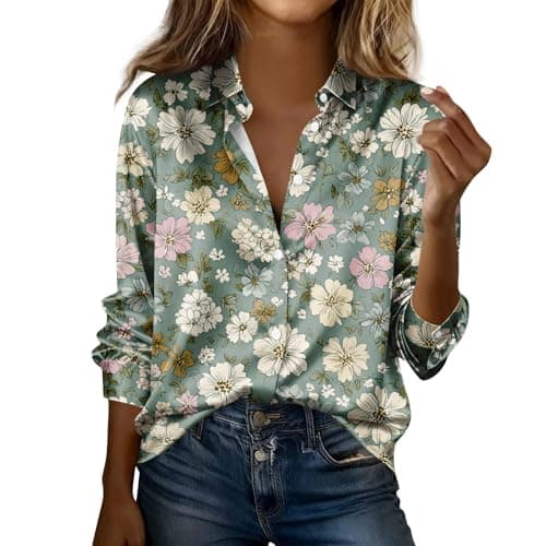 Image of Ladies Short Sleeve Tee Shirts Long Satin for Women with Floral Print Button Down Design Classic Collar and Relaxed Fit Daily Wear Green L