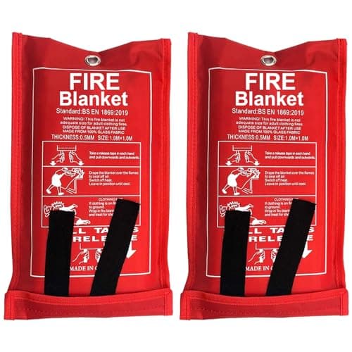 Image of Fire Blankets Pack of 2 – Emergency Fire Safety Blanket 1m x 1m, Fireproof Fiberglass Fire Retardant Blanket with Soft Case & Loops for Kitchen, Home, Warehouse, Office, Car, Fireplace & Camping
