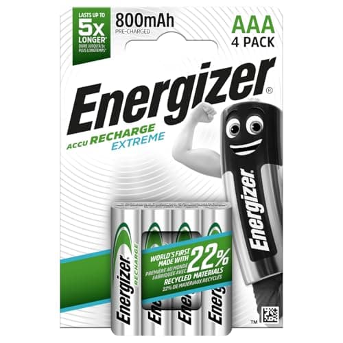 Image of Energizer Recharge Extreme - Rechargeable AAA Batteries (4 Pack) - 800 mAh NiMH Triple A Battery - 100% Recyclable Plastic Free Packaging