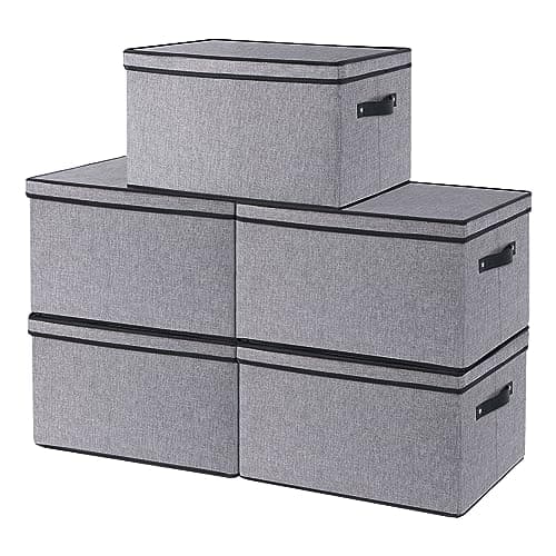 Image of YheenLf Storage Boxes with Lids, Shelf bins with Handles, Foldable Cube Organizer Basket for Organizing, Linens Clothes, Shelves Organiser, Gray, 5-Pack, 33×23×18 cm