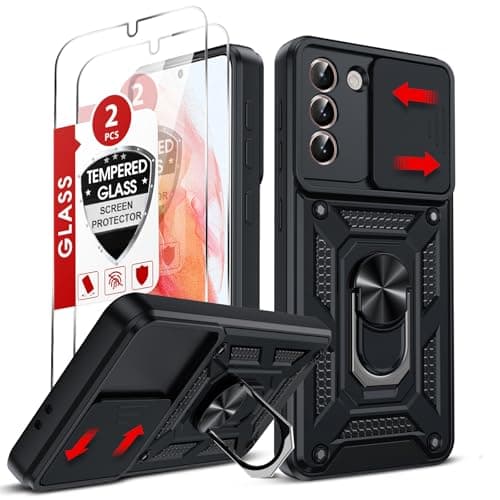 Image of LeYi for Samsung Galaxy S21 4G/5G Phone Case with Camera Cover Slider and 2 Tempered Glass Screen Protectors, Ring Stand Holder, Rugged Protective Tough Armor Cover for Samsung Galaxy S21, Black