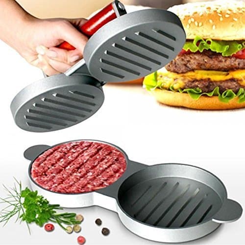Image of Chabrias Ltd Double Burger Press Quarter Pounder Maker | Non-Stick Cast Aluminium Burger Patty Mould with Wooden Handle - Perfect for Homemade Quarter Pounder Burgers | 28x12x9cm