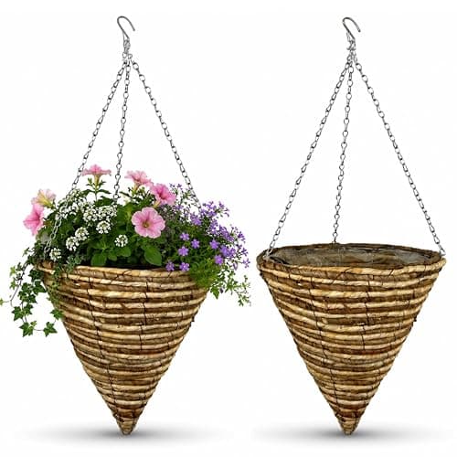 Image of ADEPTNA Set of 2 Cone Garden Hanging Baskets 14 Inches - Natural Basket Hanging Plants Wall Flower Planter Pot with Detachable Hanging Chain for Home Garden Decoration (14" ROPE BASKETS)