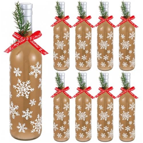 Image of Mimorou 8 Pack Christmas Coquito Glass Wine Bottle Sets 750ml Empty Clear Liquor Coquito Bottles with Ribbon Artificial Branches for Liquids Milk Eggnog Xmas Gifts Christmas Party Supply (Snowflake)