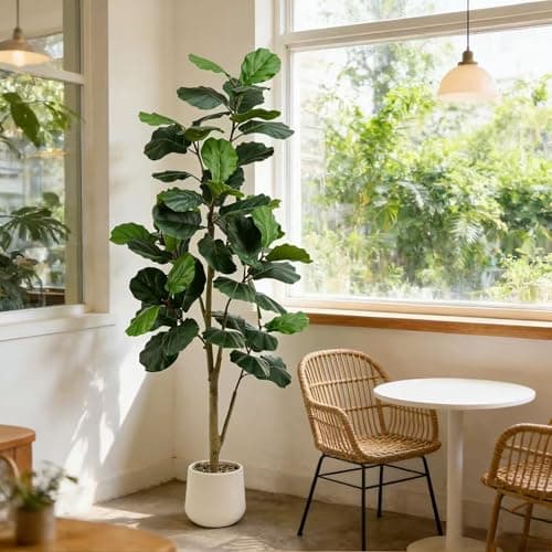 Image of Artificial Fiddle Leaf Fig Tree 210 CM Tall Realistic Faux Ficus Lyrata Plant with Pot Large Fake Plants for Indoor Outdoor Home, Office, Living Room, Bathroom Decor