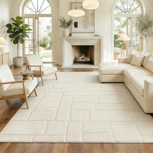 Image of Famibay Cream Modern Rugs Living Room 120x170cm, Soft Faux Wool Low Pile Carpet, Non Slip Floor Rug for Bedroom Dining Room Kitchen