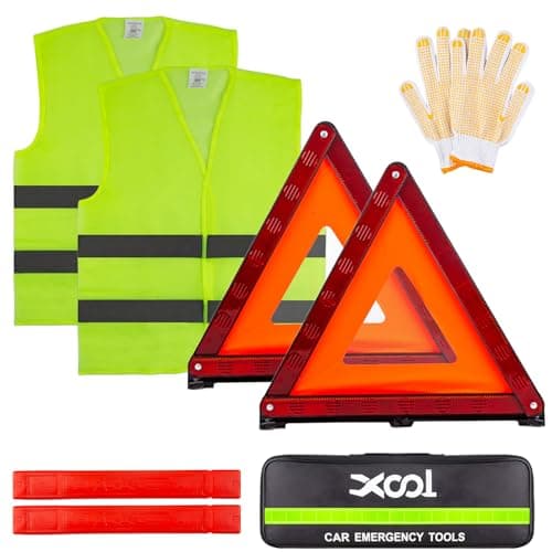 Image of XOOL Emergency Warning Triangle Kit – Roadside Safety Kit with Reflective Warning Triangles, High-Visibility Safety Vests, Storage Bag & Gloves for Car Breakdowns & Emergencies