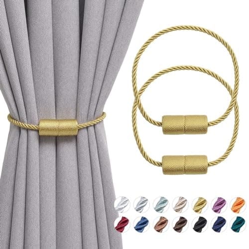 Image of Pretty Jolly 2 Pack Magnetic Curtain Tiebacks 16 Inch Handmade Weave Side Rope Curtain Holdbacks Convenient Decorative Cylinder Curtain Drape Tie Backs for Home & Office Window Drapery (Gold)