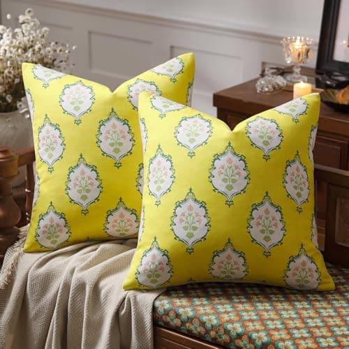 Image of GIGIZAZA Yellow Cushion Covers 45x45: Set of 2 Pillow Covers Soft 100% Cotton Fabric for Couch - Decorative cushions Floral Pattern Room Decor Square Throw Pillows Bedroom,Living Room,Sofa,Farmhouse
