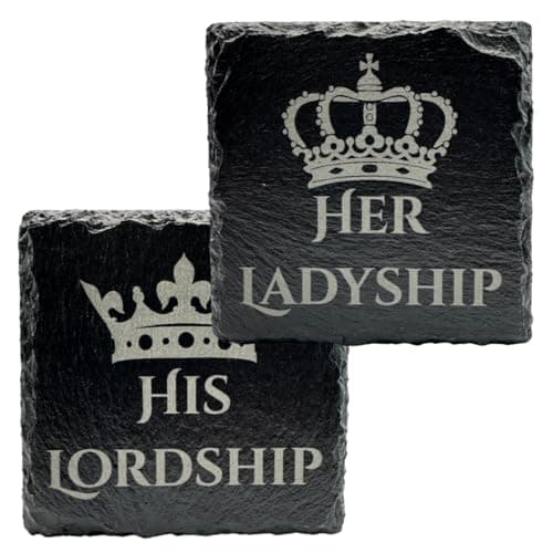 Image of Slate Drinks Coasters Set of 2 – His Lordship & Her Ladyship Crown Design – Natural Slate Coaster Set (10cm) – Couples Gift for Wedding, Anniversary, New Home – Black