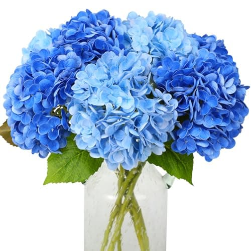 Image of JUSTOYOU Hydrangea Flowers Artificial,4 PCS Double Colour Single Long Stem Realistic Hydrangea Flowers, 19.6Inch Large Real Touch Fake Hydrangea Bouquets for Wedding Home Party(blue and deep blue)