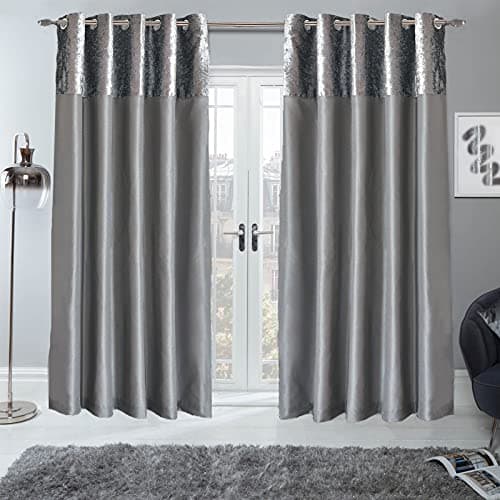 Image of Sienna PAIR of Crushed Velvet Band Curtains Fully Lined Eyelet Ring Top Faux Silk Window Treatment Panels - Silver Grey, Width 66" x Drop 90"